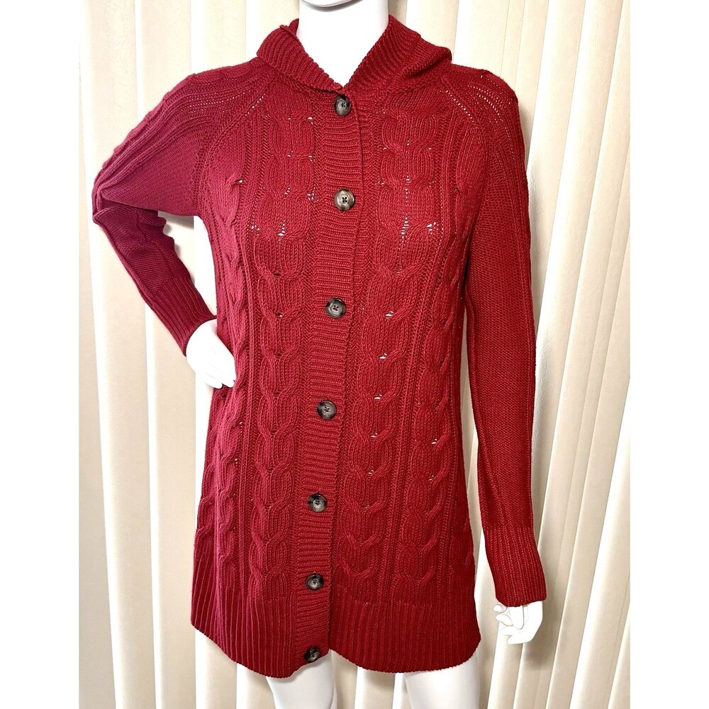 GapBody Hooded Cable Knit Cardigan Large Burgundy Wool Blend Button Front